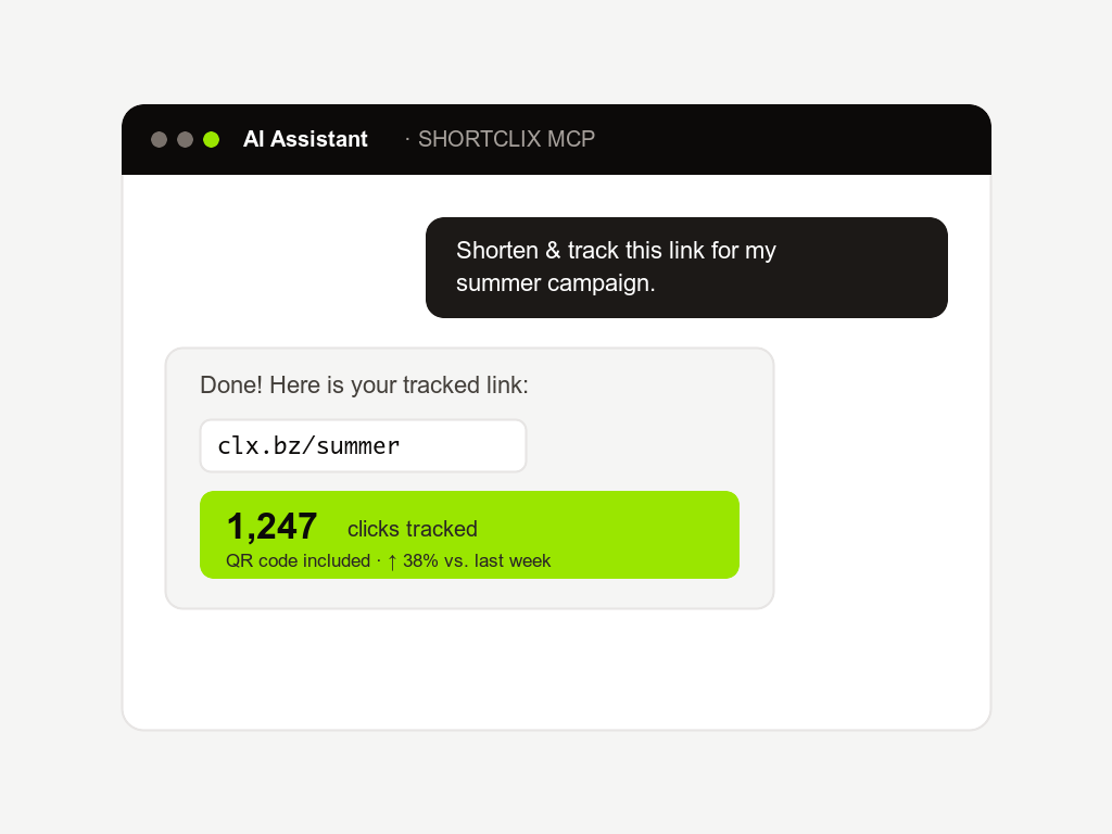 Asking an AI assistant to shorten a link and return click statistics via the SHORTCLIX MCP server